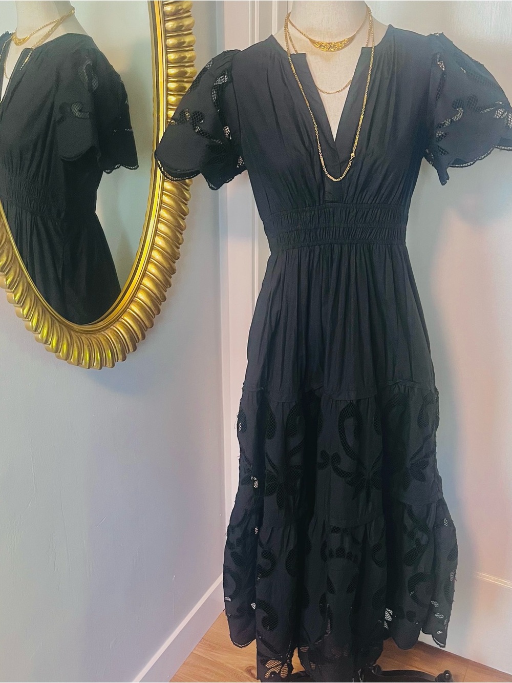 Anthropologie Black Embroidered/Eyelet Puff-Sleeve Maxi Dress, Sz. M